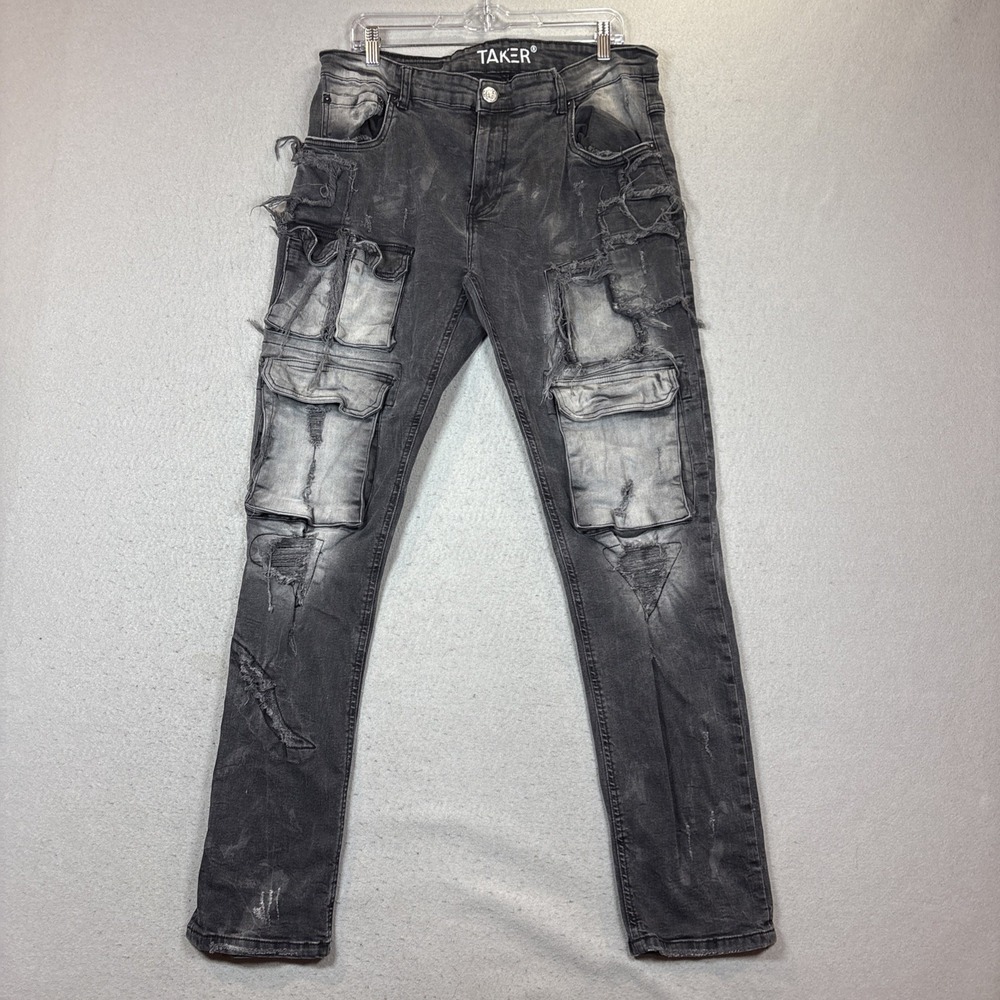 TAKER Men's Distressed Jean Size 38x32 Black Cargo Retro Stretch Skater